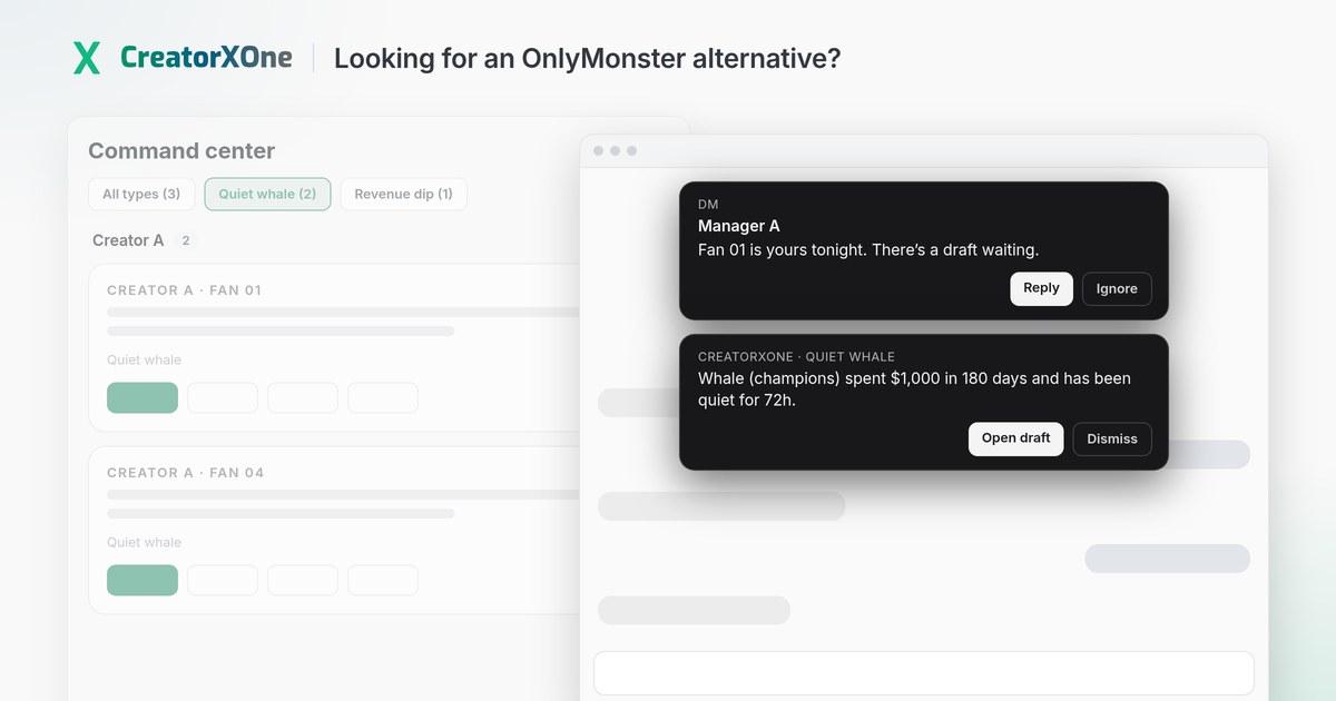 CreatorXOne, an OnlyMonster alternative: an Ops card notice and a Team chat card inside a chatting session