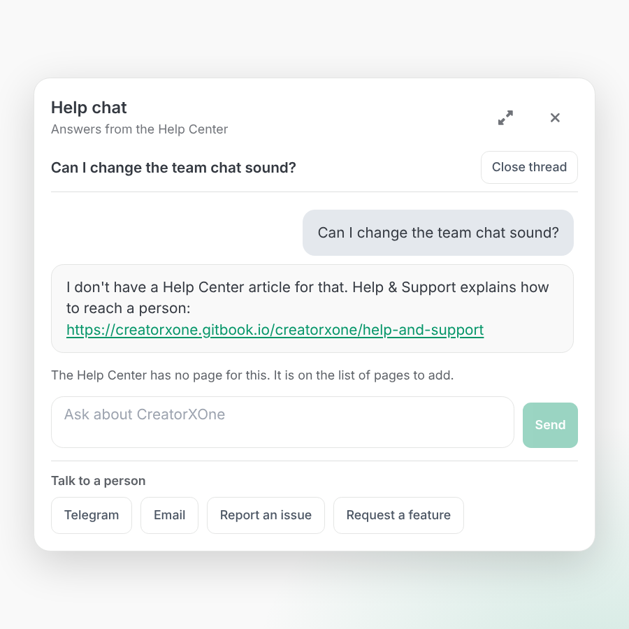 CreatorXOne Help chat with no Help Center page for a question: it notes the gap and offers Telegram, email and feedback
