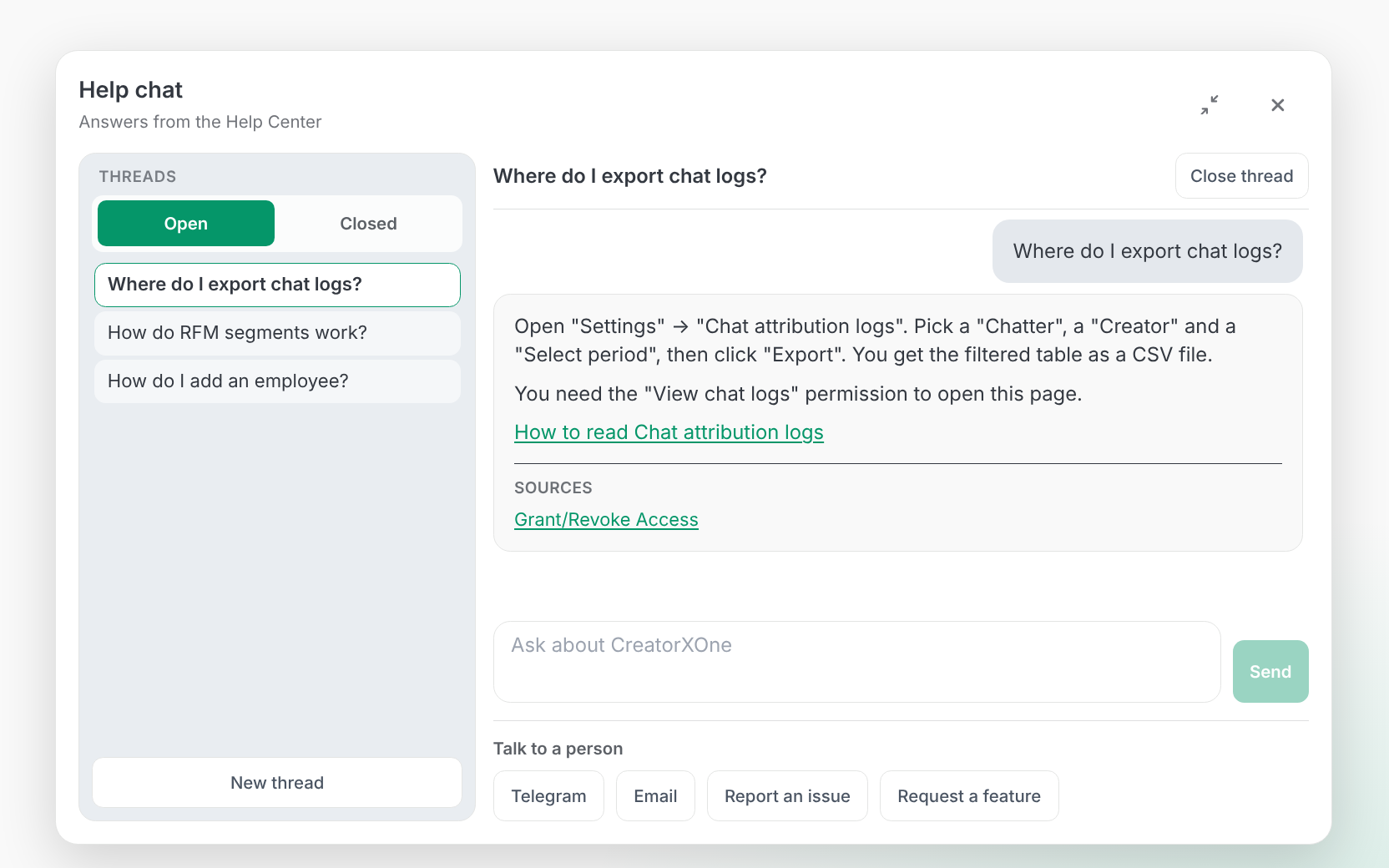 CreatorXOne Help chat answering where to export chat logs, with the Help Center article linked and a second source listed