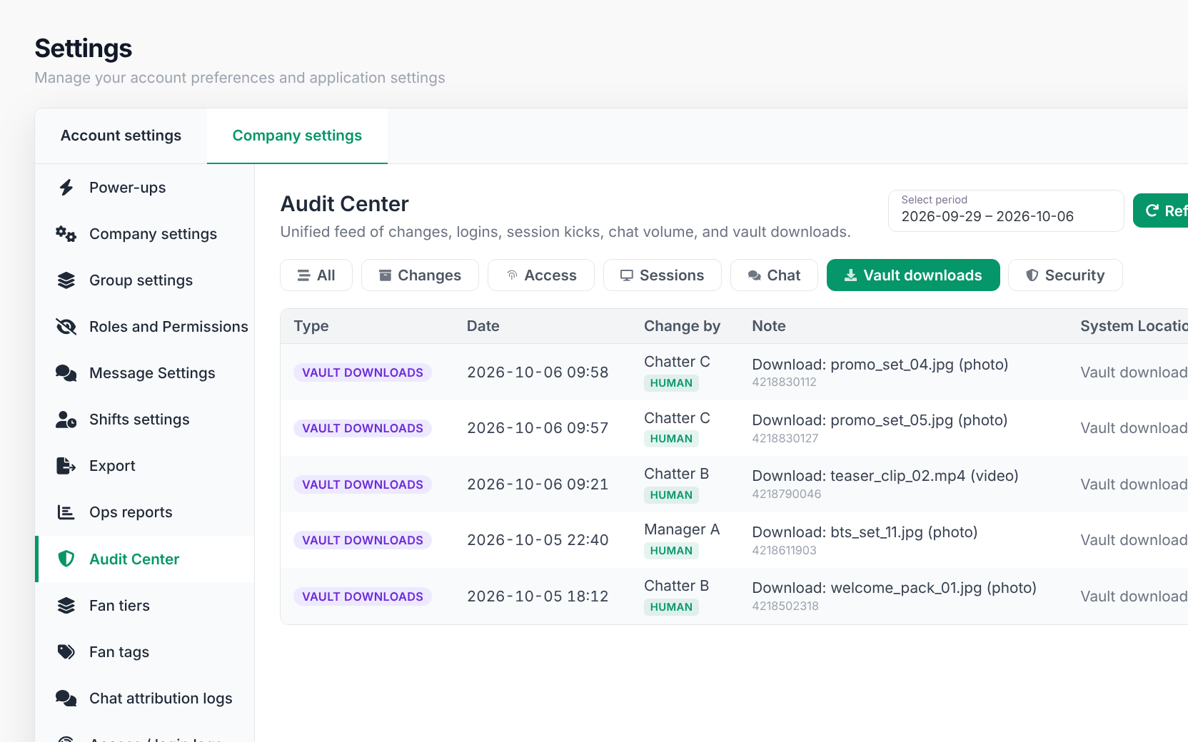 CreatorXOne Settings with the Audit Center open on the Vault downloads tab, listing who downloaded which file and when