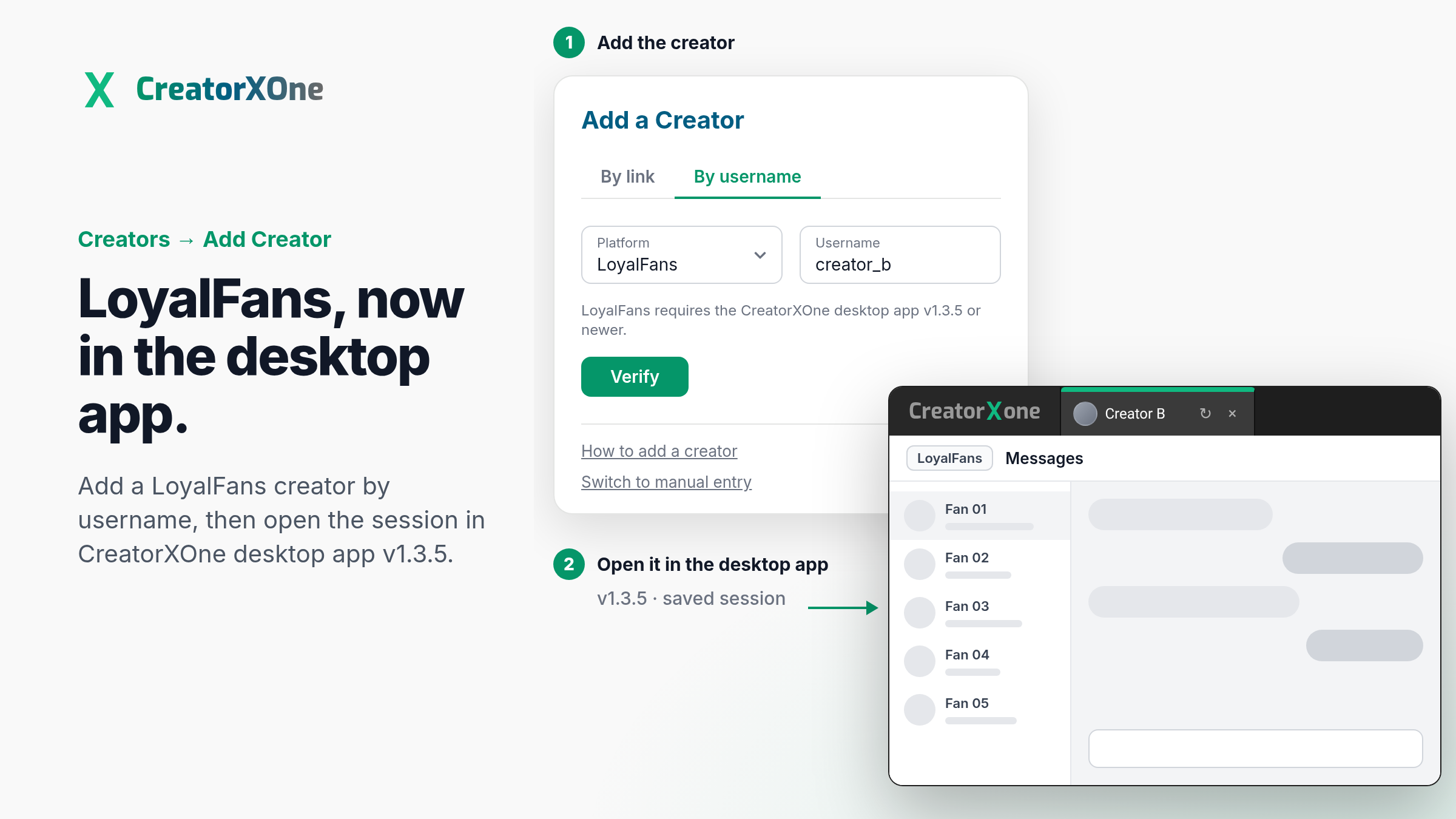 Add Creator form + desktop session