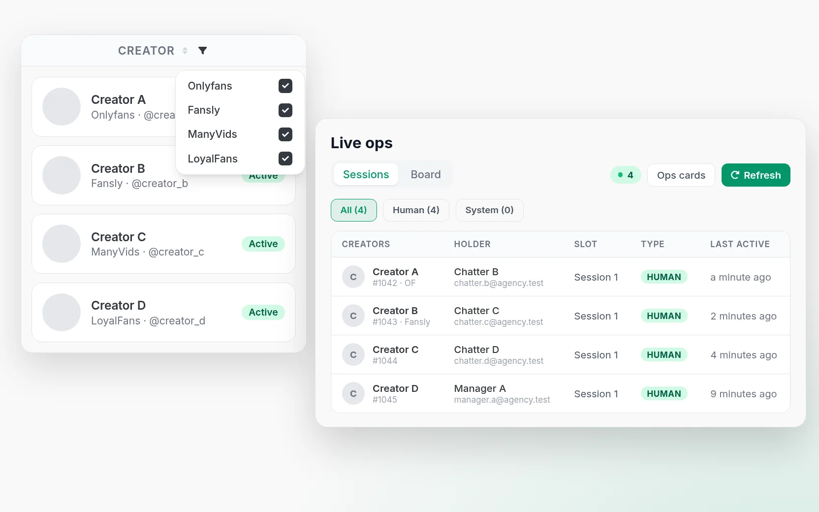CreatorXOne roster with a platform filter beside Live ops Sessions showing who holds each creator account