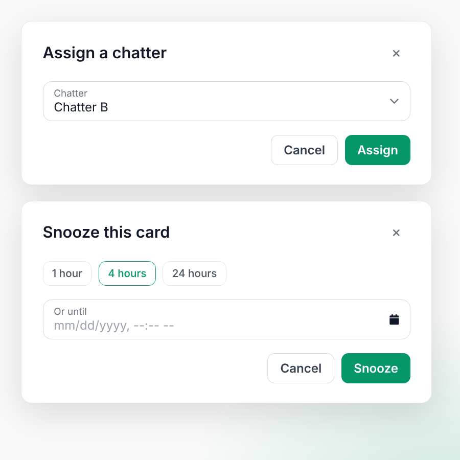 Assign a chatter and Snooze this card dialogs from CreatorXOne Ops cards