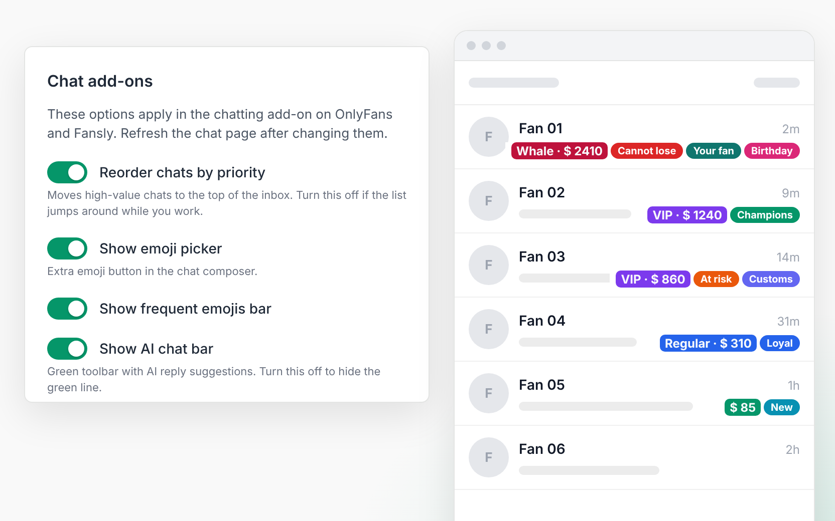 CreatorXOne Reorder chats by priority switch next to a chat list sorted from the highest-spending fan down
