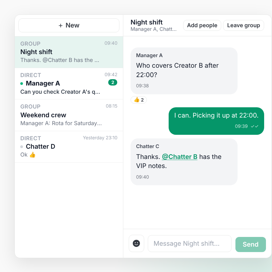 CreatorXOne Team chat list with direct messages, a named group and an unread badge