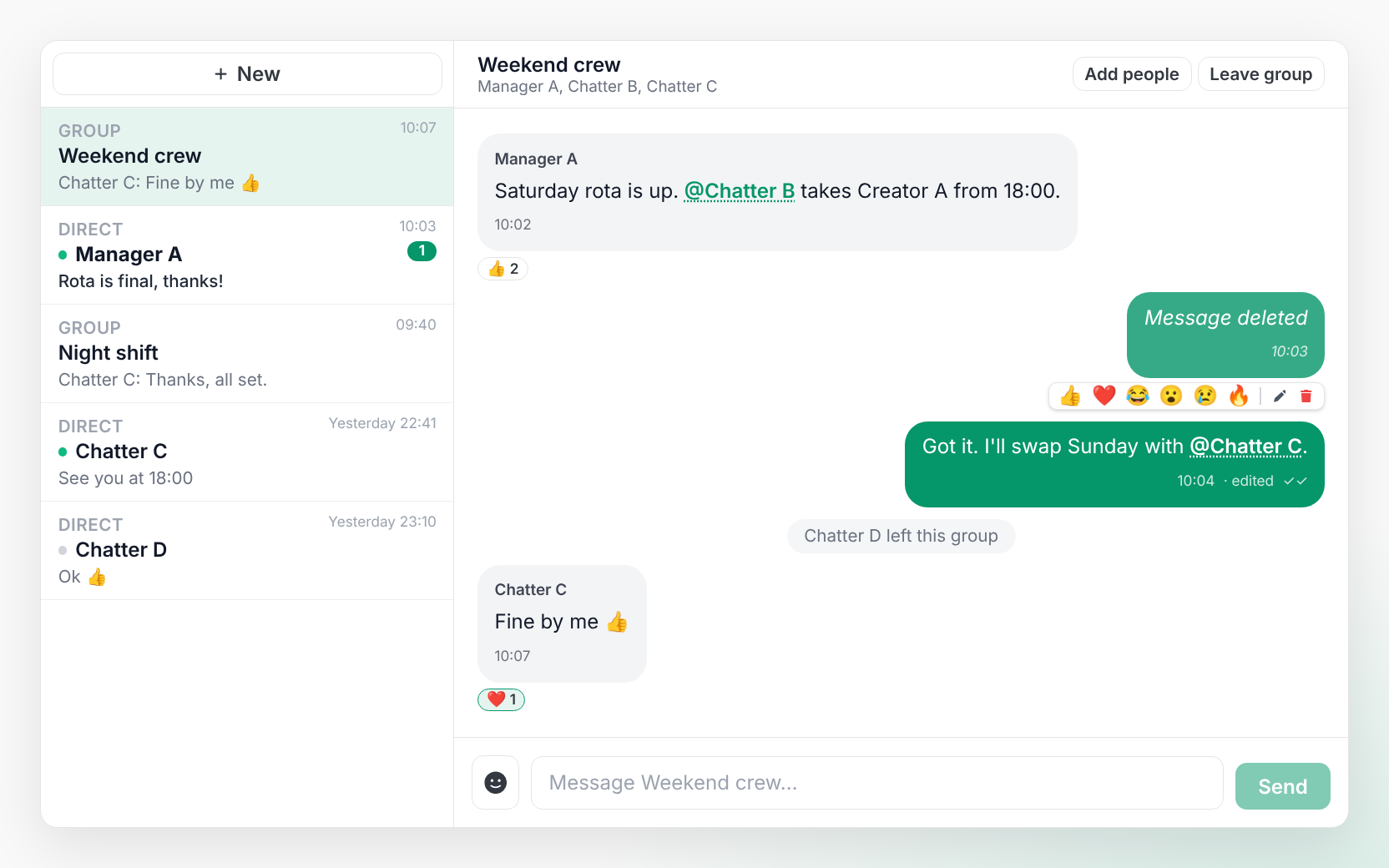 CreatorXOne Team chat group thread with reactions, edit and delete actions, an edited message and a member who left