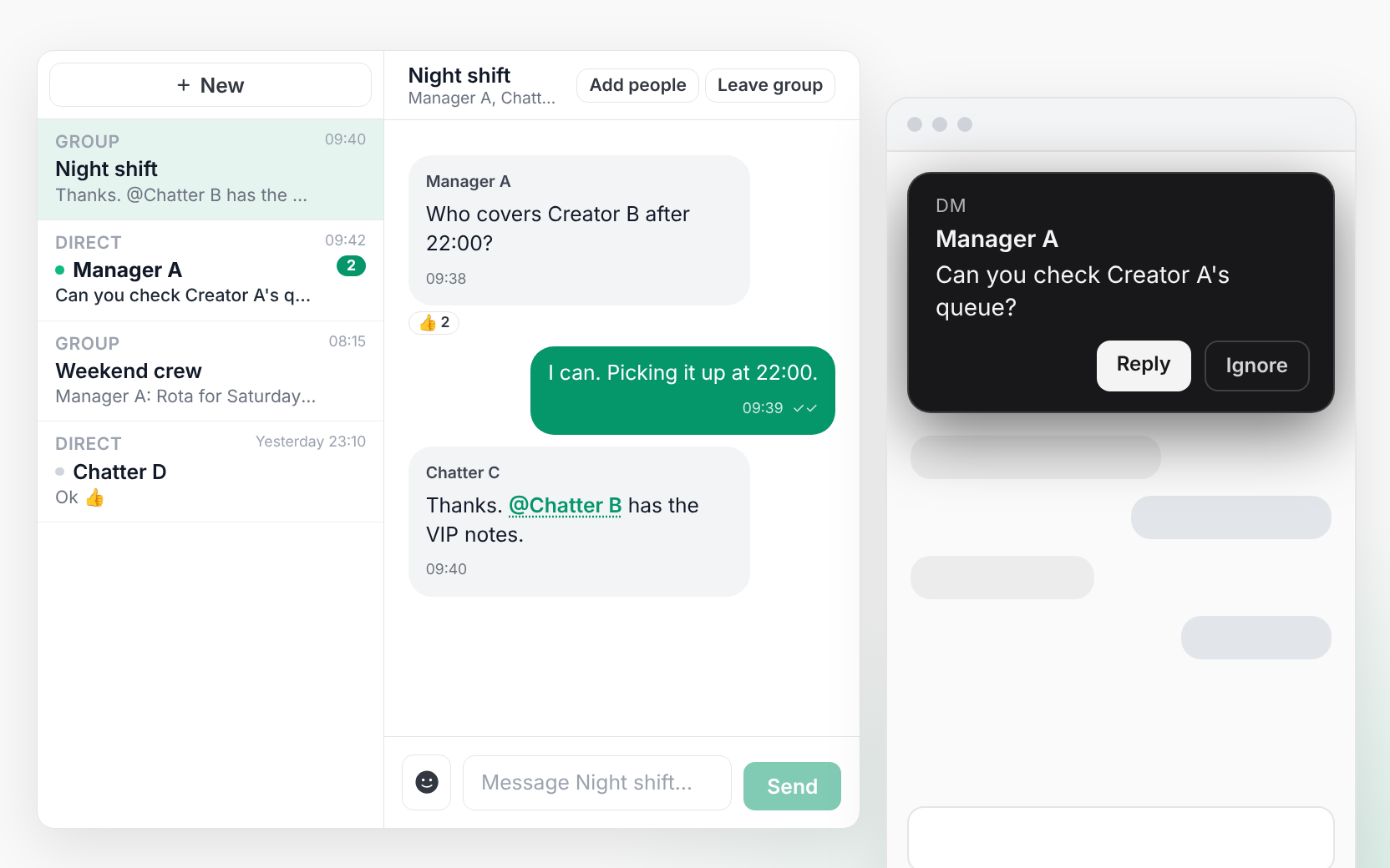 CreatorXOne Team chat with a named group thread and a direct-message ping inside a live creator session