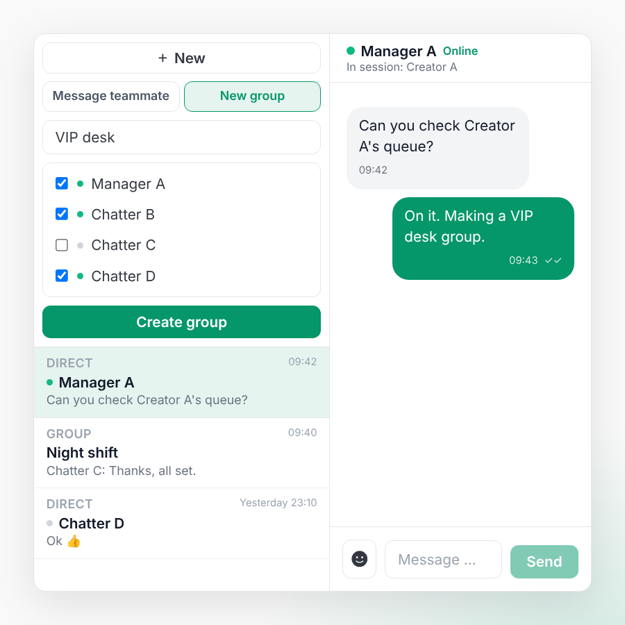 Creating a named group in CreatorXOne Team chat: group name, teammates ticked and Create group
