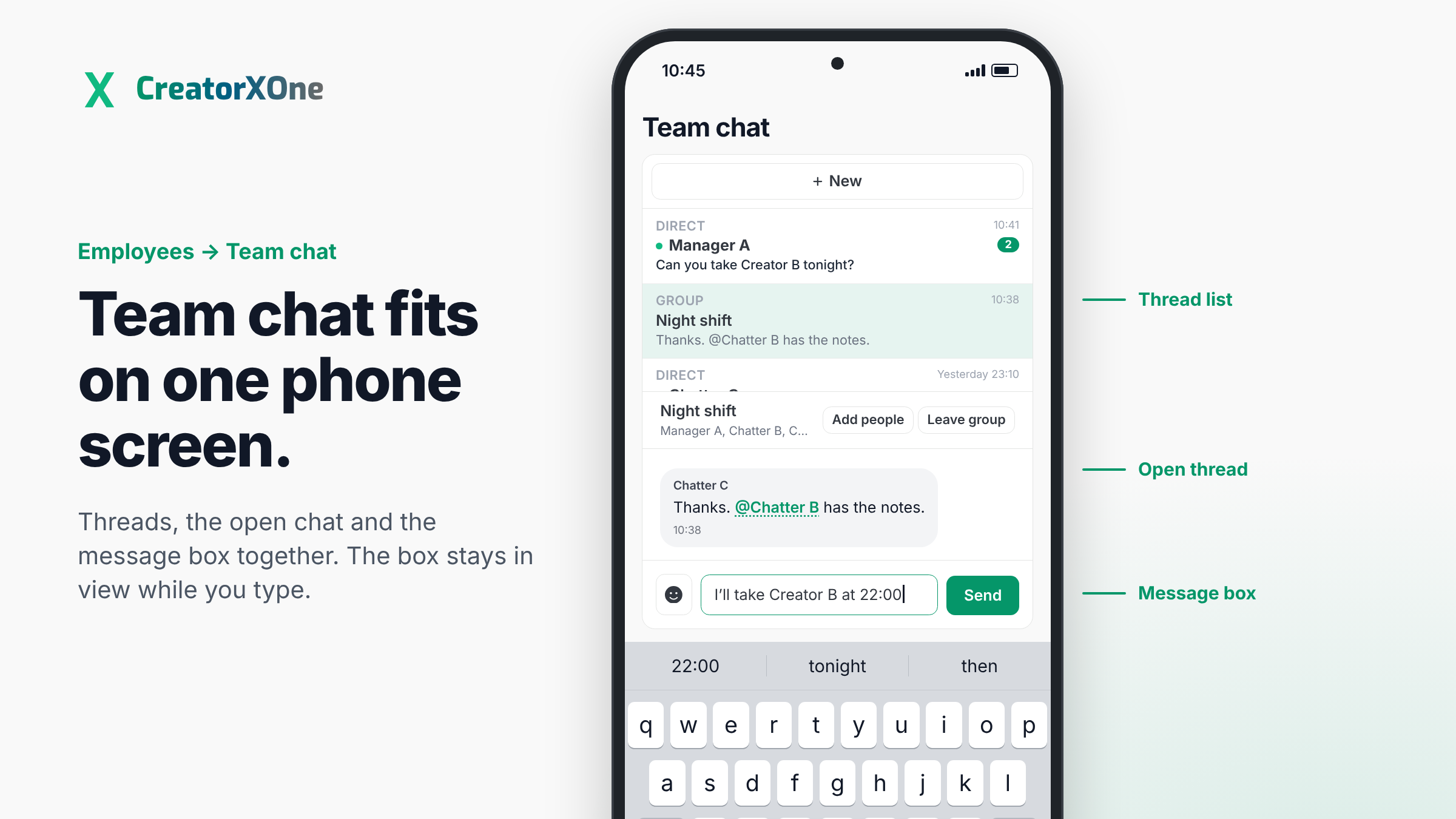 CreatorXOne Team chat on a phone-width web layout, not a native app