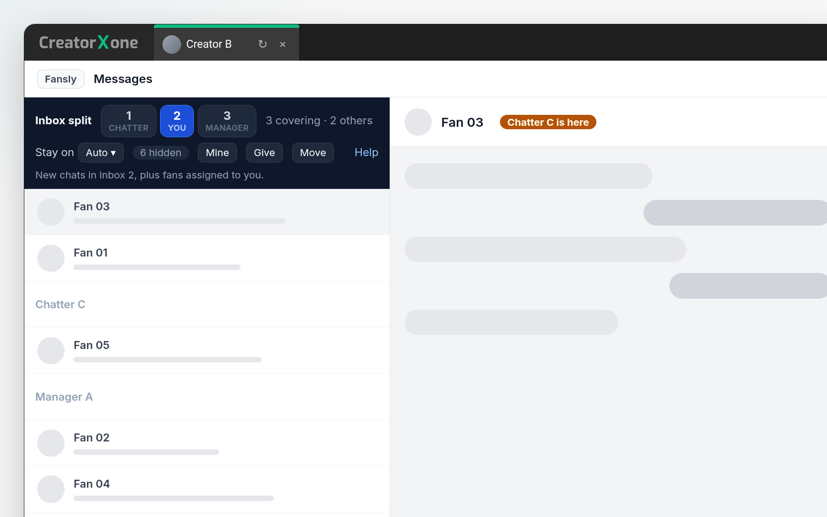 Inbox split strip in a Fansly session: three numbered inboxes, 6 hidden chats, Mine/Give/Move, and a 'Chatter C is here' badge on the open chat