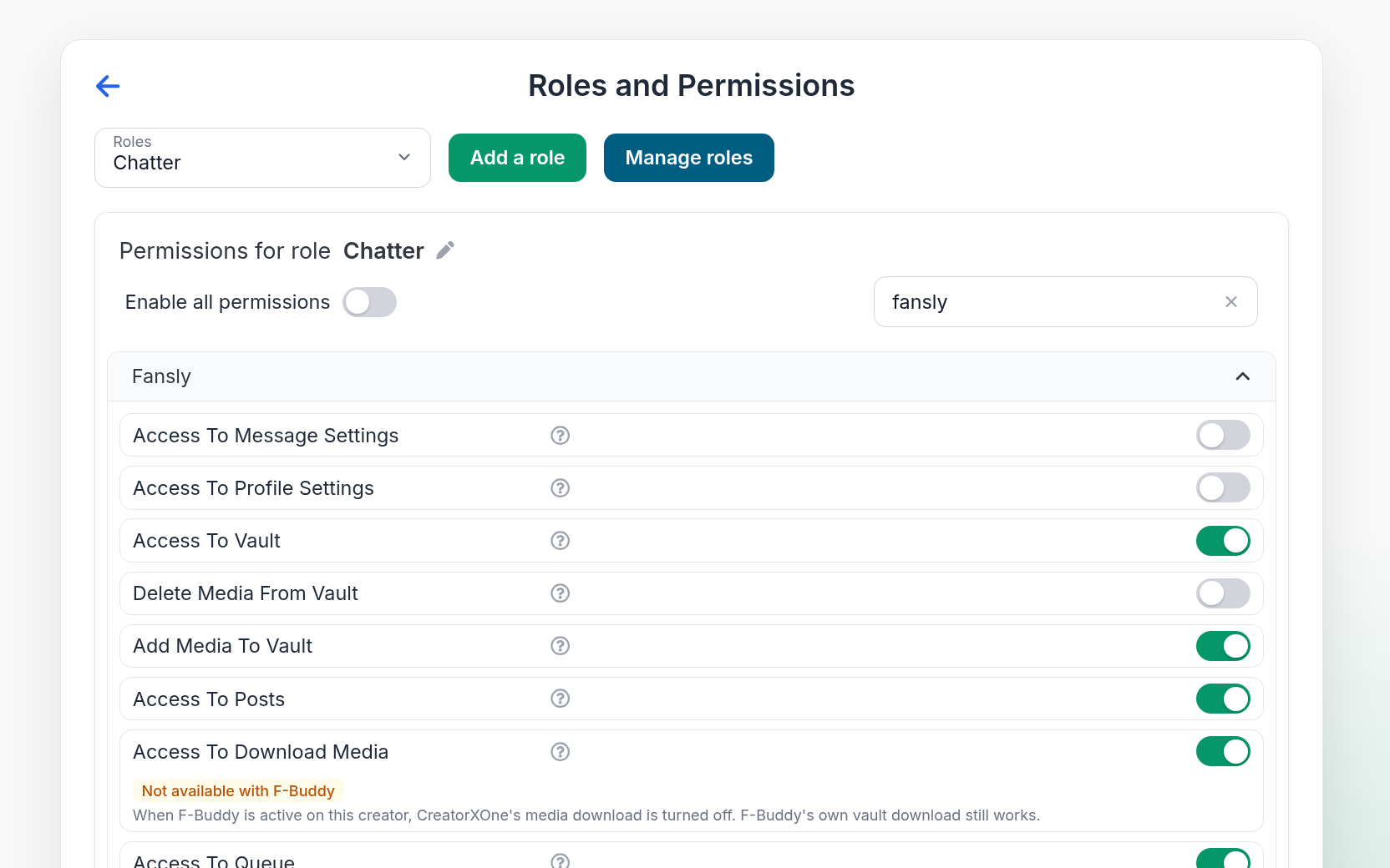 CreatorXOne Roles and Permissions filtered to Fansly, with Download Media marked 'Not available with F-Buddy'