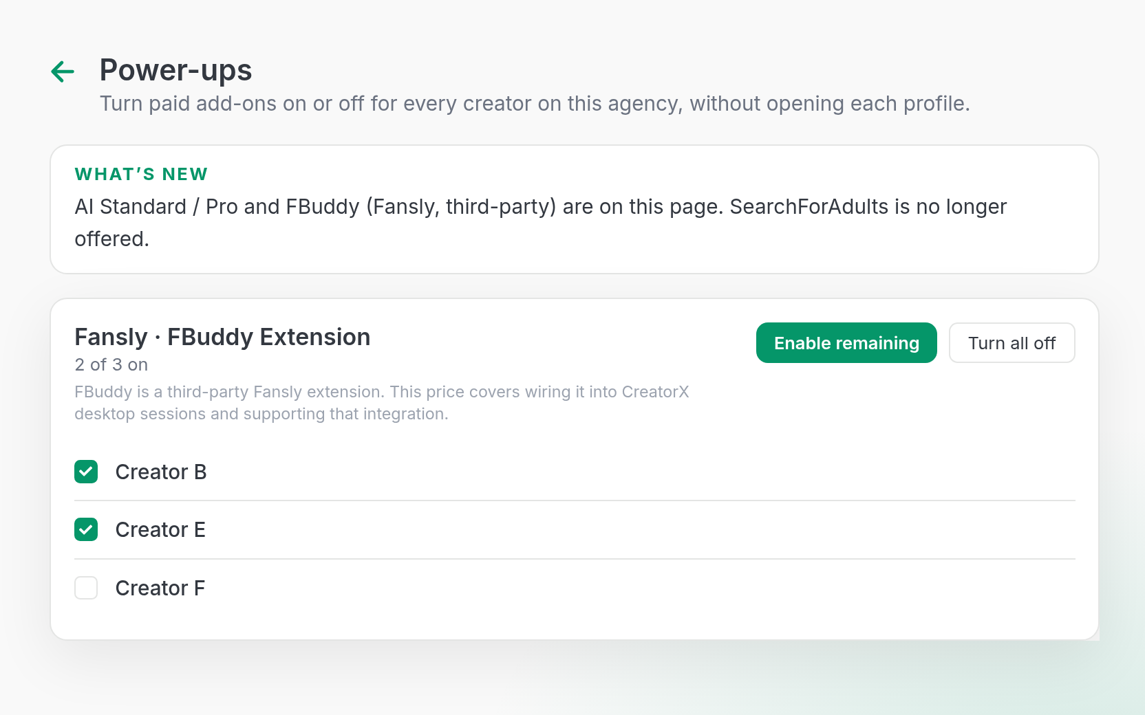 CreatorXOne Power-ups page turning the FBuddy Extension on for two of three Fansly creators