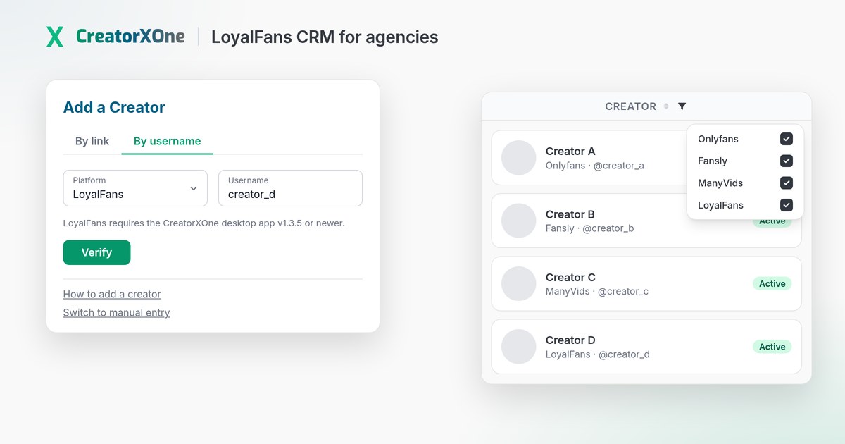 CreatorXOne Add a Creator form with LoyalFans selected, next to a roster of OnlyFans, Fansly, ManyVids and LoyalFans creators