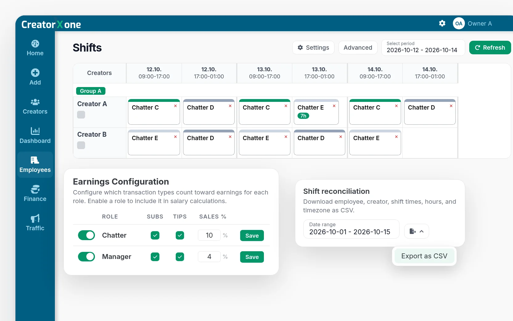 CreatorXOne shift planner with chatter shifts by creator, commission rates per role and a shift reconciliation CSV export